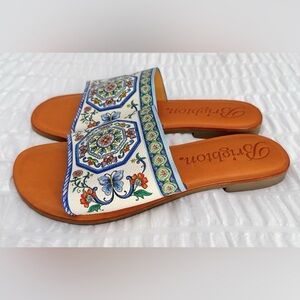 NWOB Brighton Arte Size 9.5 Women's Leather Slide Flat Sandals White Multi